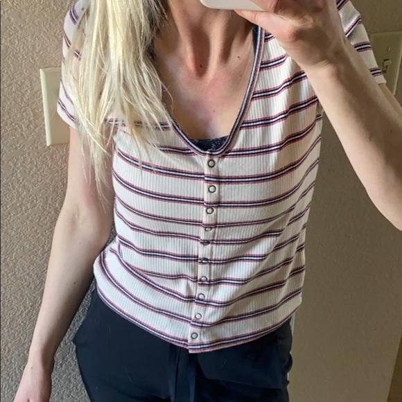 Shirt. Button up, stripped. Beige colored. - Picture 2 of 3